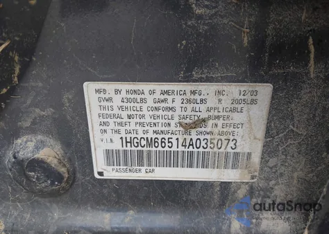 2004 Honda Accord 3.0 Ex from USA, damaged, VIN 1HGCM66514A035073